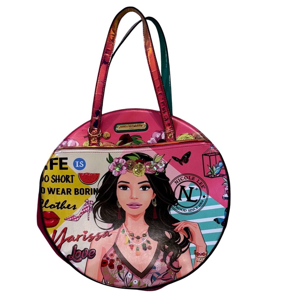 Nicole‎ Lee Marissa Round Tote Bag Pink Teal Floral Graphic Pop Art Satchel USA